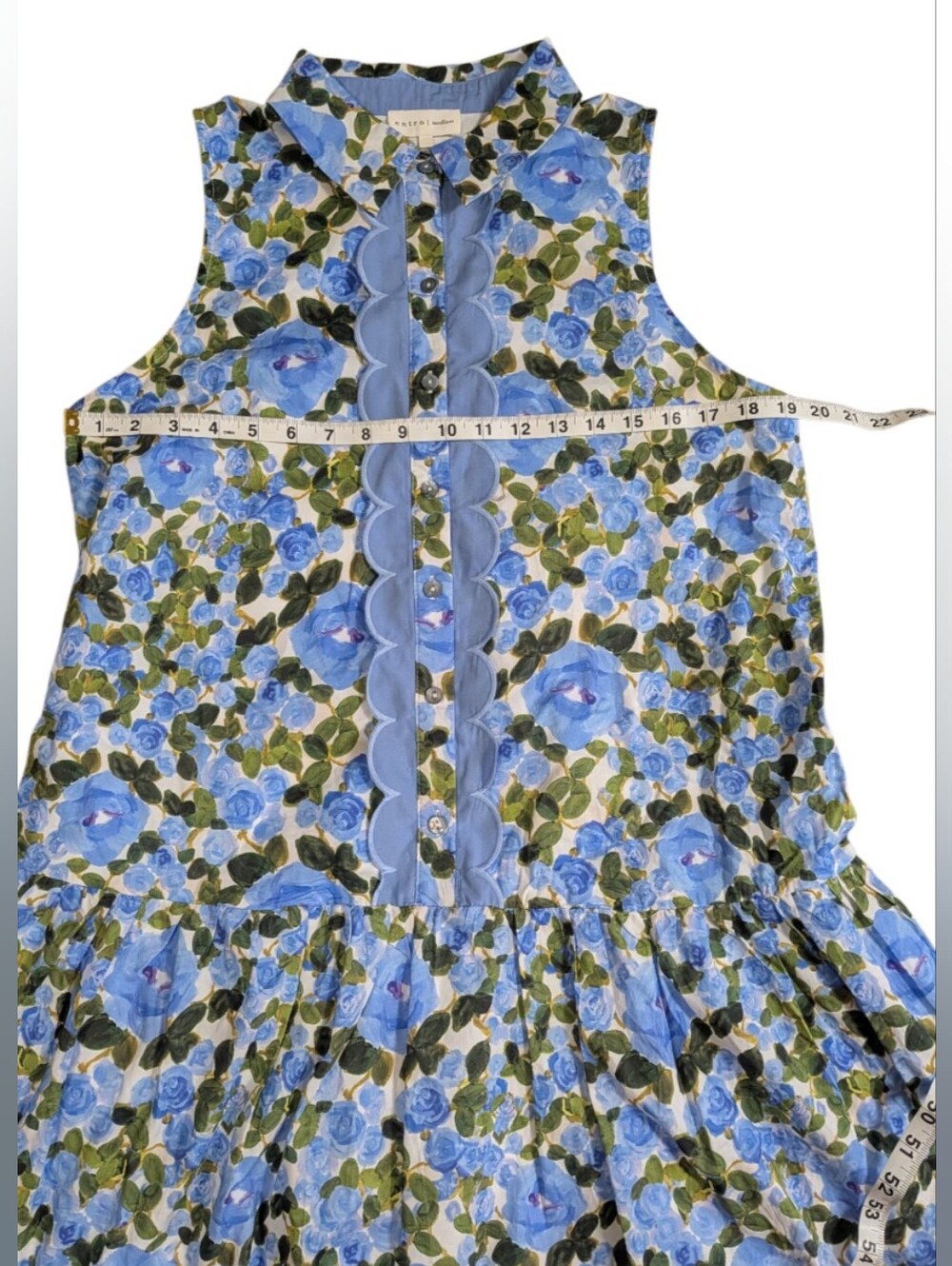 Entro Women's Blue Floral Button-Front Mini Shirt Dress Ruffle Trim SZ M EUC - Picture 4 of 8